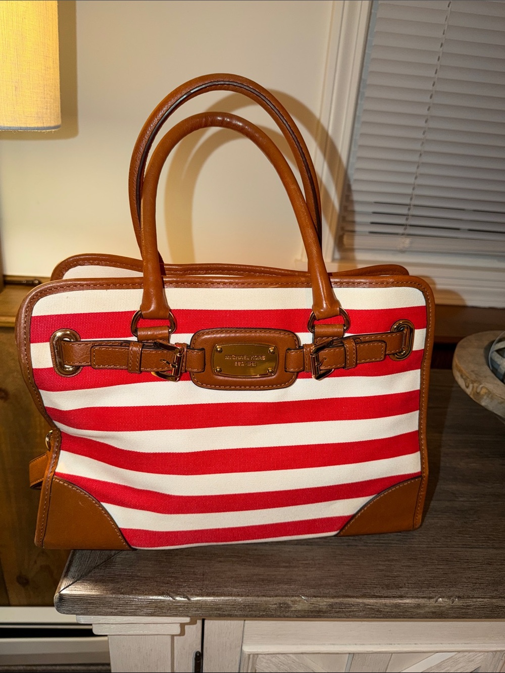 Michael Kors Hamilton Red and White Striped Canvas Tote with Brown Leather Trim